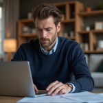 Homme en tenue décontractée travaillant sur son ordinateur à la maison