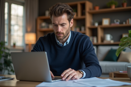 Homme en tenue décontractée travaillant sur son ordinateur à la maison