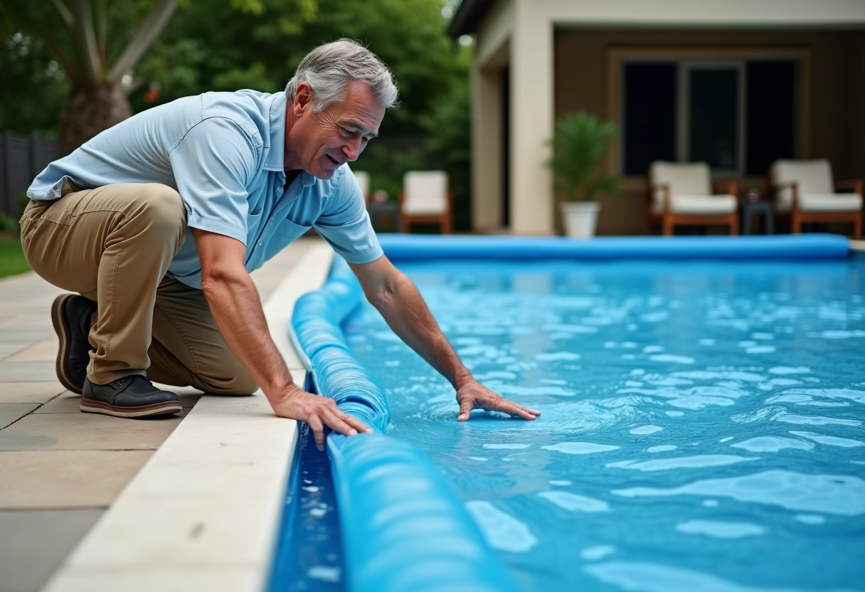Homme inspectant une couverture de piscine faite maison