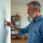 Homme vérifiant un interrupteur mural dans un salon moderne
