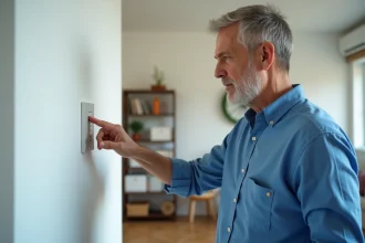 Homme vérifiant un interrupteur mural dans un salon moderne