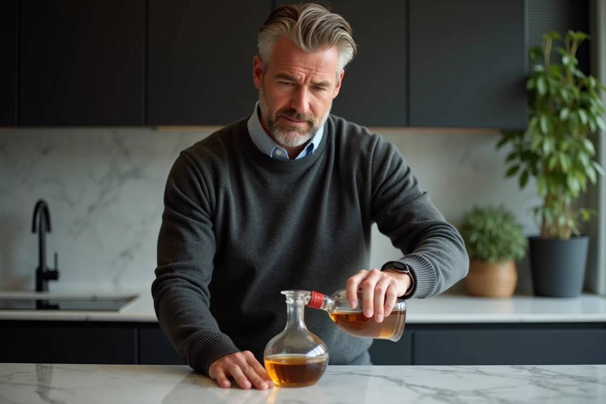 Homme versant du whisky dans une carafe en verre soufflé sur un plan de travail en marbre blanc, préparation d'un cadeau whisky raffiné