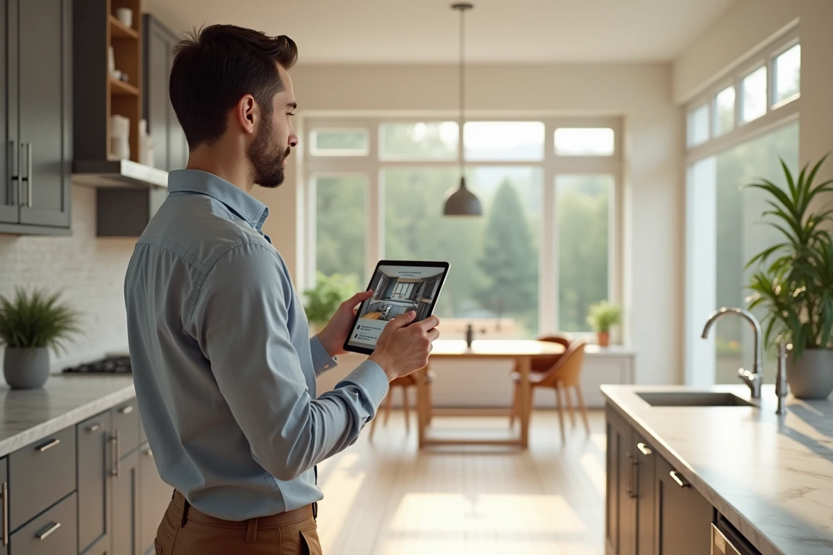 Jeune homme découvrant la visualisation AR dans sa cuisine lumineuse