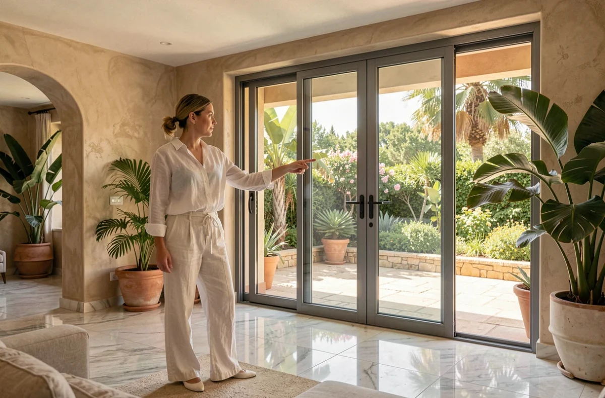 Consultante de House of Verde présentant une installation de portes vitrées coulissantes dans un salon rénové avec vue sur un jardin méditerranéen