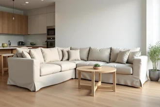 Canapé d'angle recouvert d'une housse en lin beige dans un salon moderne et lumineux avec parquet en chêne clair