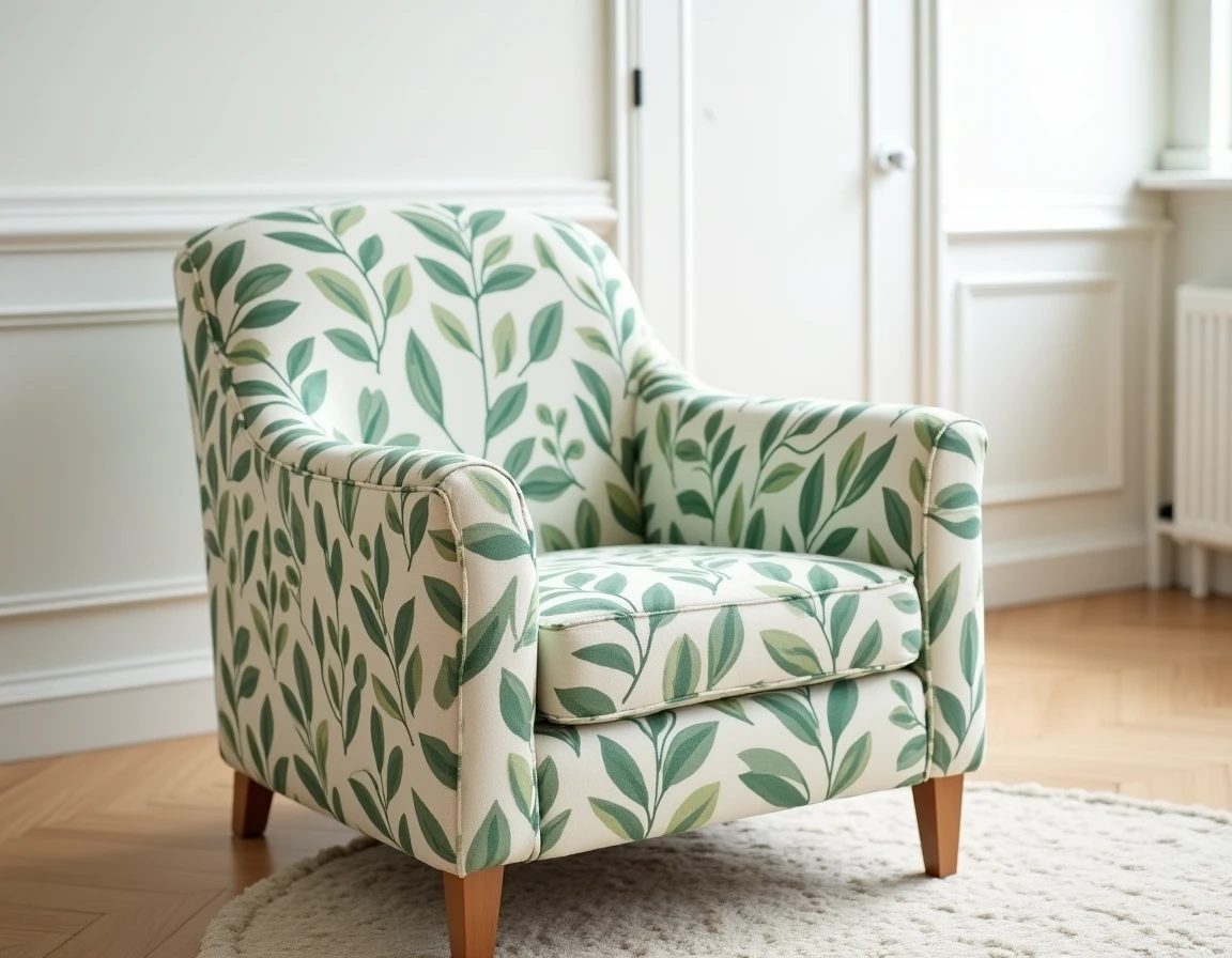 Housse extensible imprimée motif botanique sur fauteuil arrondi style scandinave