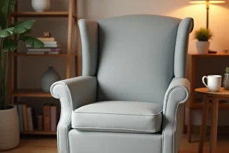 Housse extensible unie gris tourterelle sur fauteuil à oreilles dans un salon cosy