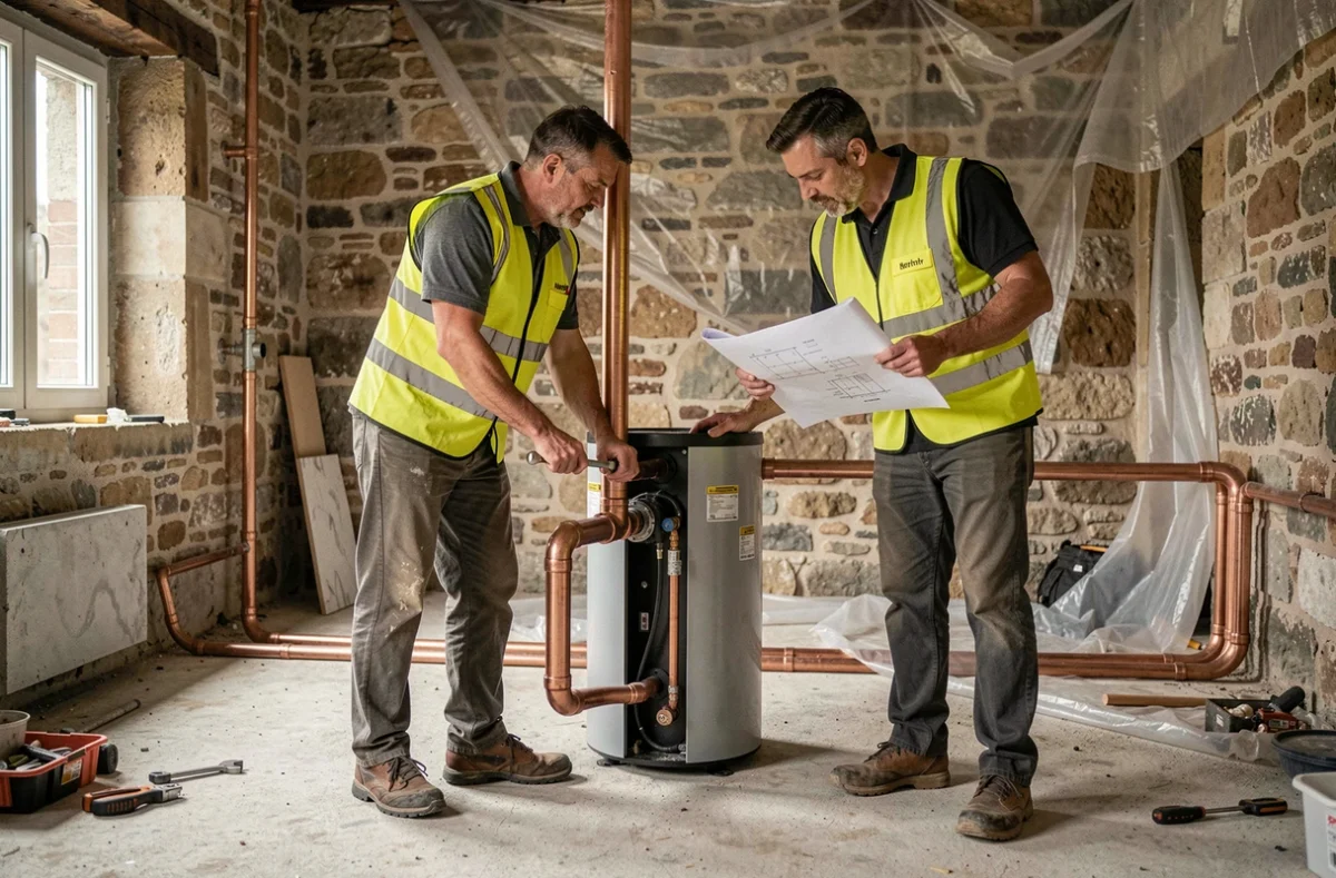 Deux techniciens ICEM Rénovation travaillant sur l'installation d'une pompe à chaleur dans une maison en rénovation