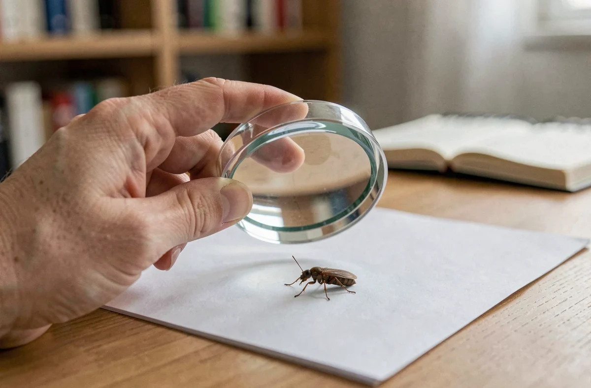 Main tenant une loupe sur une petite bête marron posée sur du papier blanc, dans un bureau à domicile pour identification de l'insecte