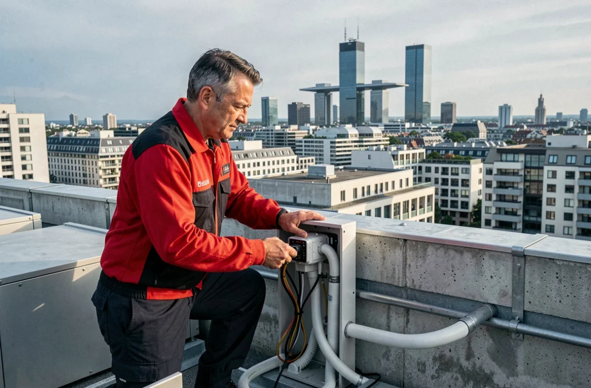 Technicien IDF Énergies installant une pompe à chaleur sur un toit avec la skyline de La Défense en arrière-plan