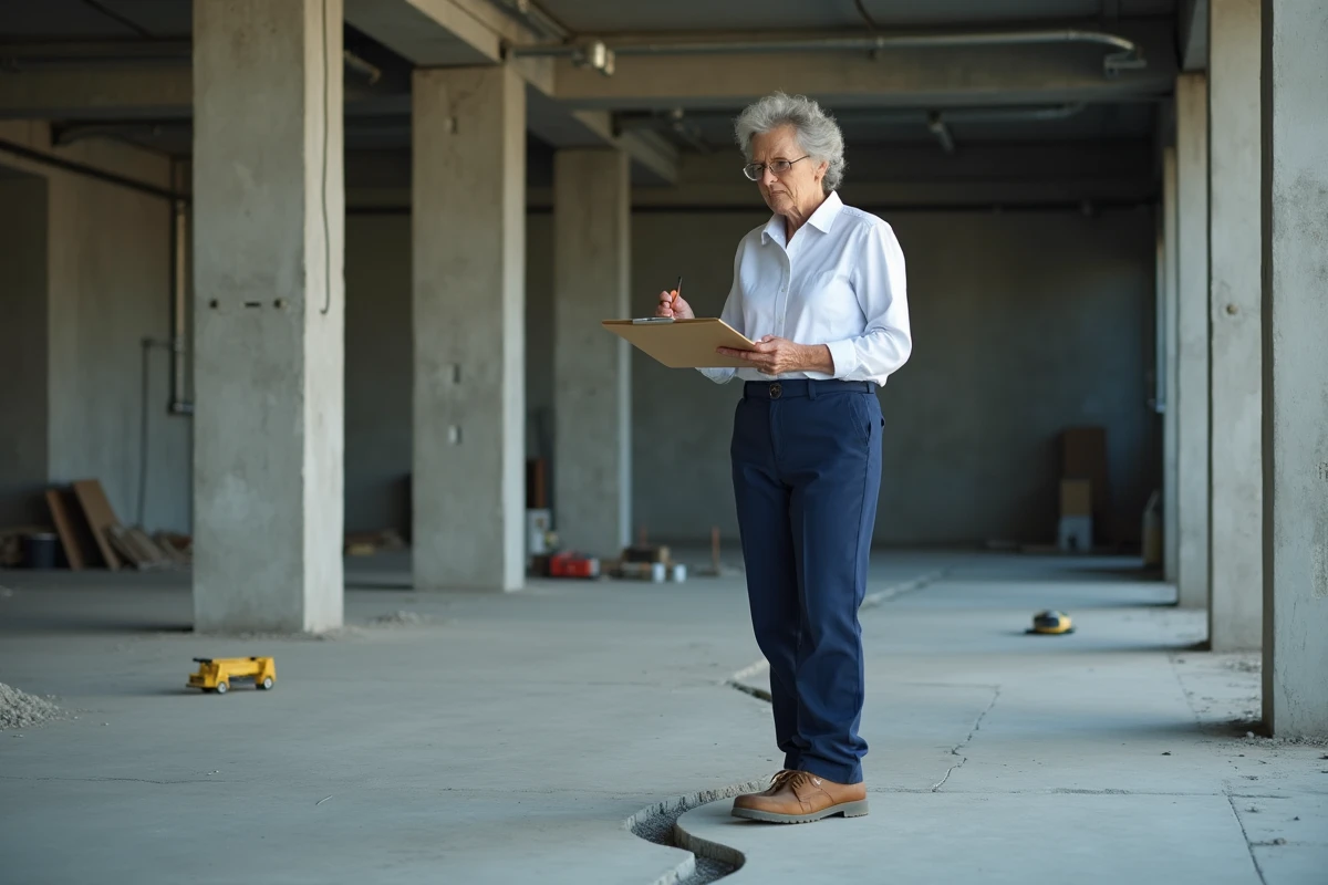 Ingenieure agee inspectant un sol en beton fissure dans un sous-sol