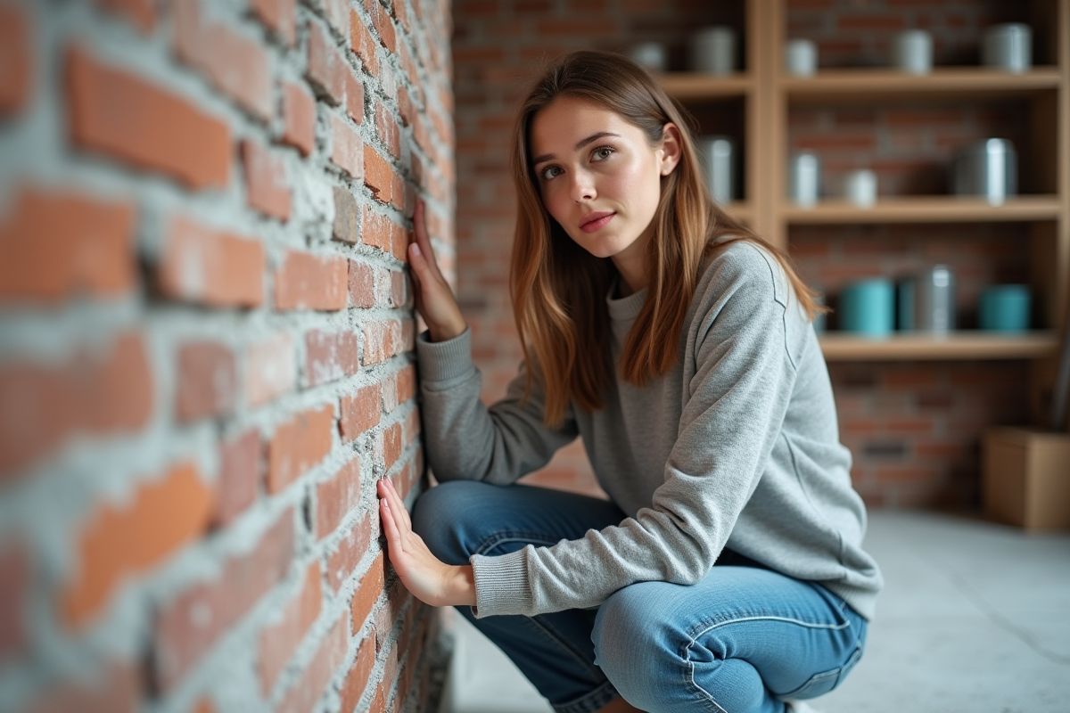Jeune femme inspectant des dépôts minéraux sur un mur