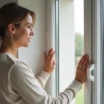 Femme inspectant un cadre de fenêtre PVC blanc