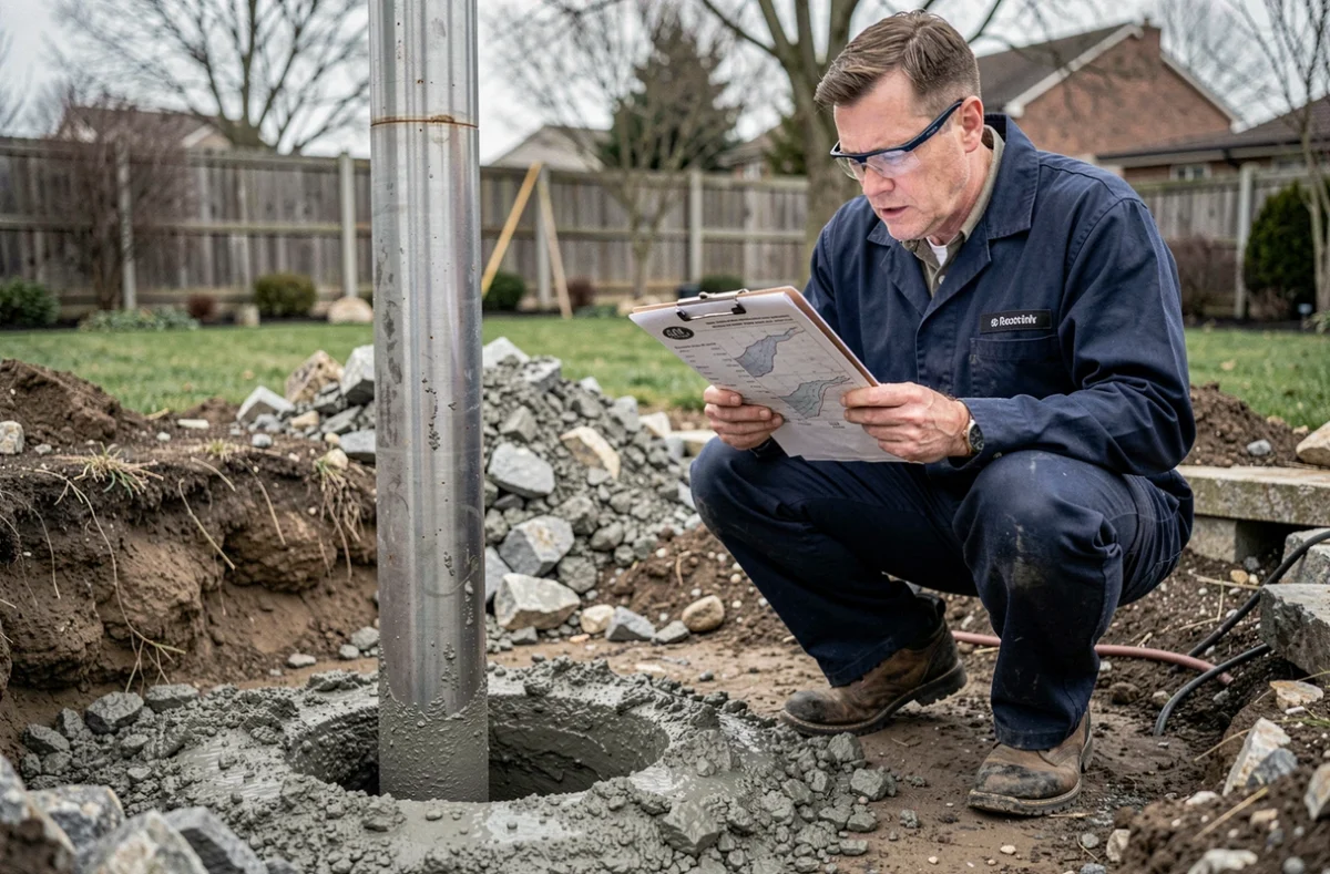 Ingénieur inspectant un forage géothermique vertical avec relevé géologique sur chantier résidentiel