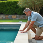 Homme d'âge moyen inspectant une piscine moderne dans un jardin