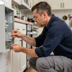 Électricien installant un disjoncteur différentiel de type A dans un tableau électrique de cuisine carrelée