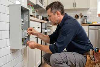 Électricien installant un disjoncteur différentiel de type A dans un tableau électrique de cuisine carrelée