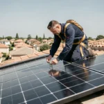Technicien installant des panneaux photovoltaïques sur un toit résidentiel pour une installation solaire autonome