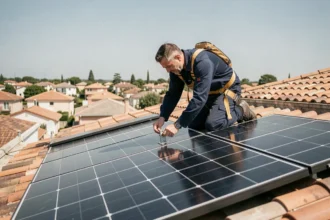 Technicien installant des panneaux photovoltaïques sur un toit résidentiel pour une installation solaire autonome