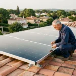 Technicien installant des panneaux solaires thermiques sur un toit de maison individuelle en France