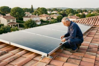 Technicien installant des panneaux solaires thermiques sur un toit de maison individuelle en France