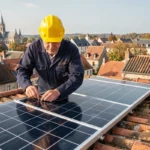 Technicien installant des panneaux solaires sur un toit de maison à Nancy avec toits en tuiles et architecture lorraine en arrière-plan
