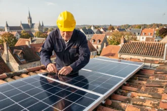 Technicien installant des panneaux solaires sur un toit de maison à Nancy avec toits en tuiles et architecture lorraine en arrière-plan