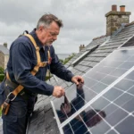 Technicien installant des panneaux solaires sur un toit en ardoise à Vannes en Bretagne