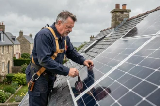 Technicien installant des panneaux solaires sur un toit en ardoise à Vannes en Bretagne