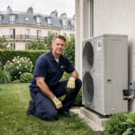 Technicien HVAC installant une pompe à chaleur sur la façade d'une maison en Île-de-France