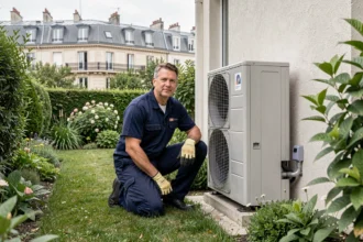 Technicien HVAC installant une pompe à chaleur sur la façade d'une maison en Île-de-France