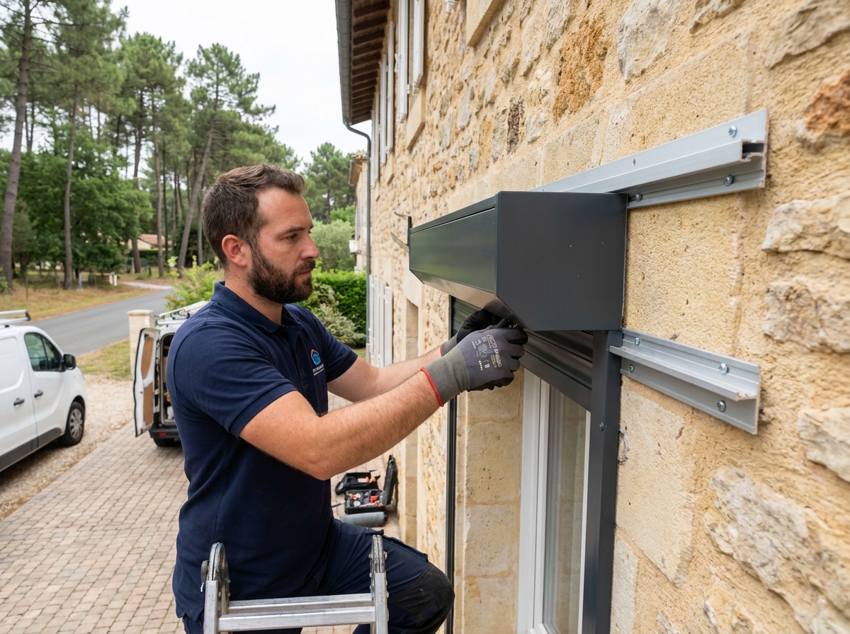 Technicien installant un store extérieur motorisé sur façade en pierre d'une maison en Gironde