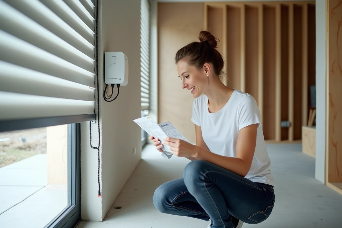 Femme consultant la notice de programmation d'une télécommande Somfy lors de l'installation d'un volet roulant