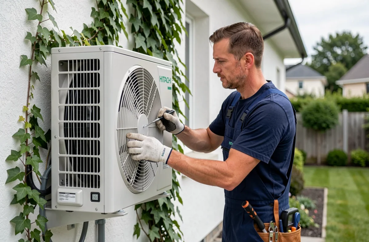 Technicien installant une unité extérieure de pompe à chaleur Hitachi sur une maison résidentielle française