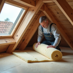 Homme en overalls posant de la laine mineral entre poutres en comble