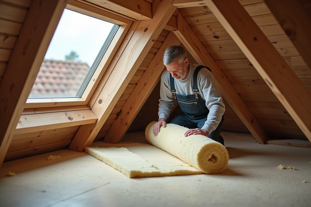Homme en overalls posant de la laine mineral entre poutres en comble