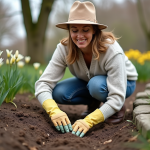 Femme jardinant avec des bulbes de lys dans un jardin printanier
