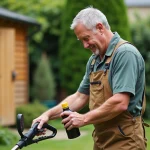 Homme jardinier en tenue préparant de l'huile pour coupe-baille