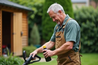 Homme jardinier en tenue préparant de l'huile pour coupe-baille