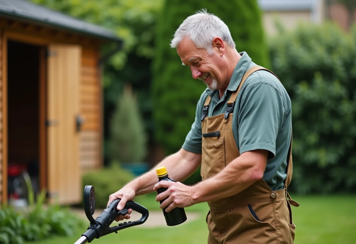 Homme jardinier en tenue préparant de l'huile pour coupe-baille