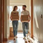 Jeune couple avec cartons dans un appartement lumineux