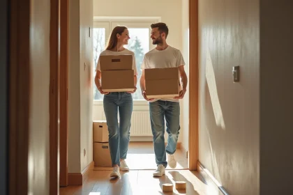 Jeune couple avec cartons dans un appartement lumineux