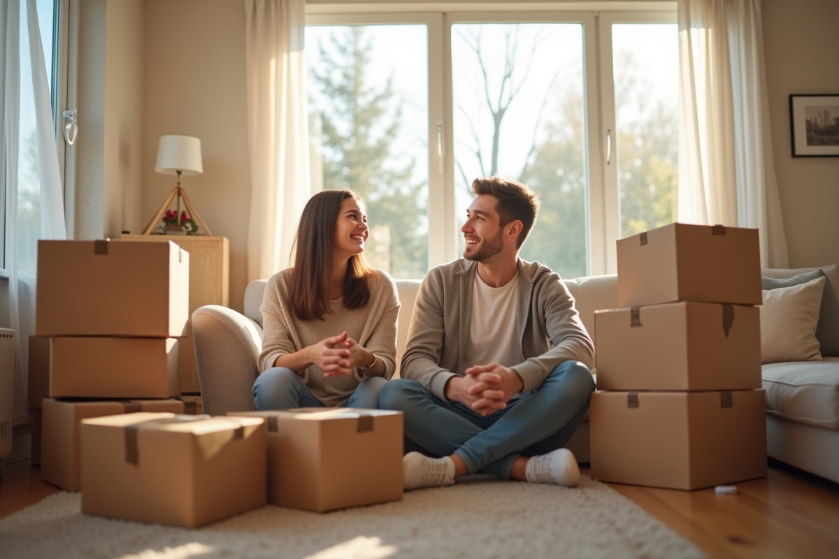 Jeune couple souriant dans un salon lumineux avec cartons