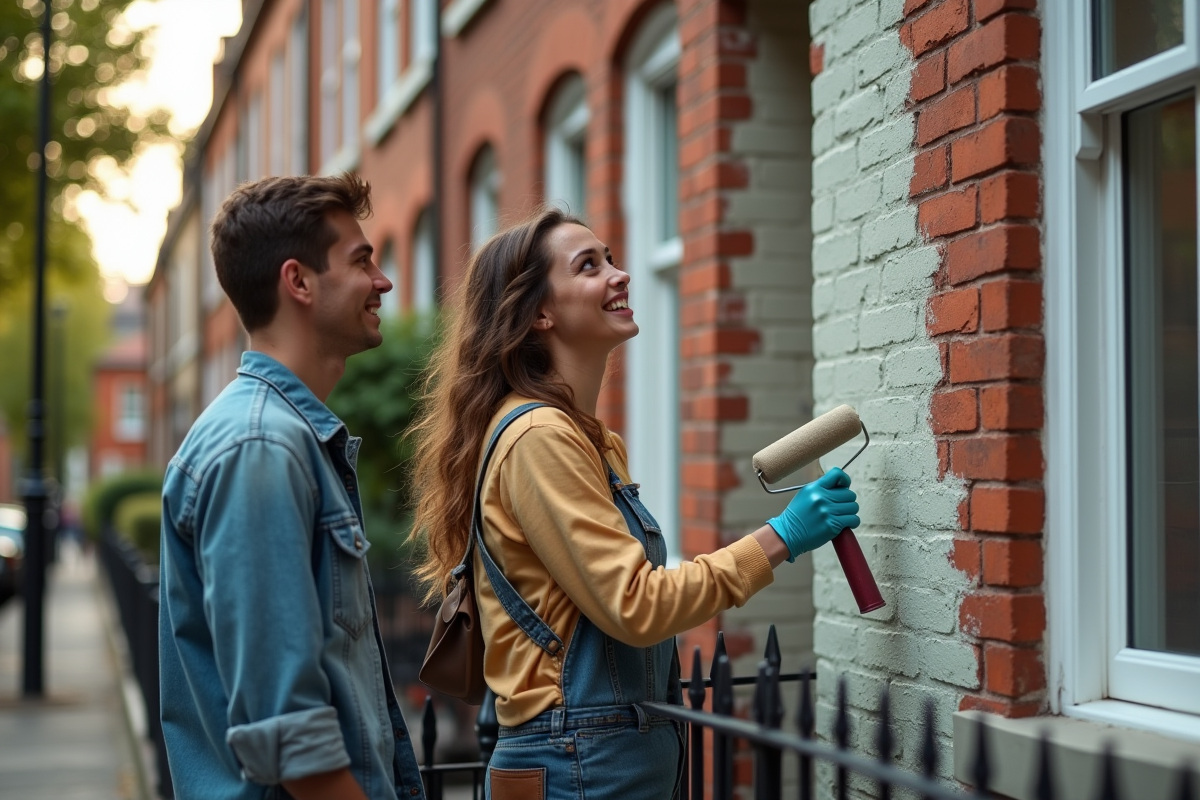 Jeune couple peignant la façade de leur maison en briques