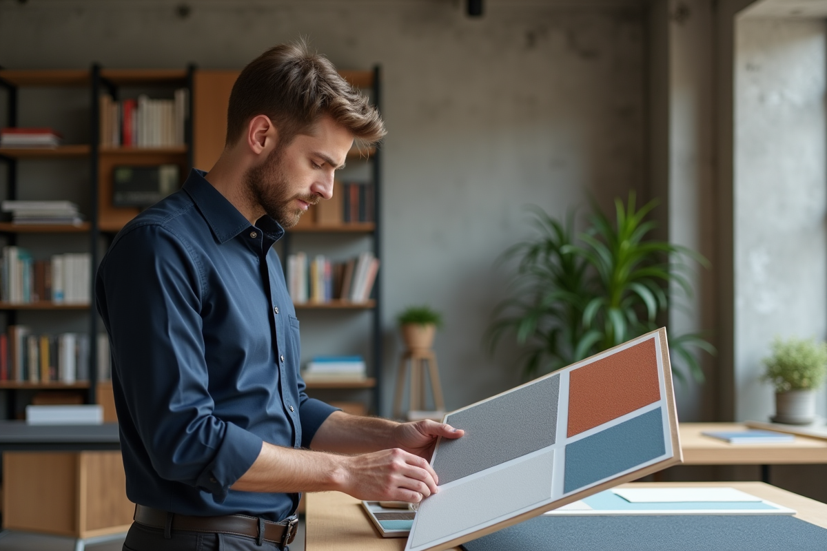 Jeune designer examine un panneau d echantillons de sol