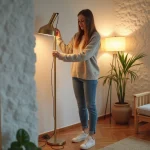 Jeune femme assemble une lampe halogene moderne dans un salon urbain