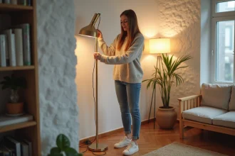 Jeune femme assemble une lampe halogene moderne dans un salon urbain