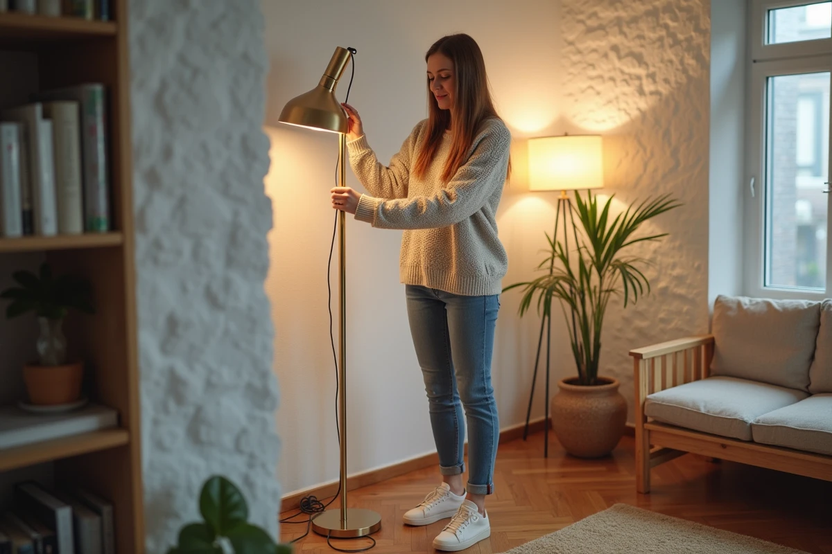 Jeune femme assemble une lampe halogene moderne dans un salon urbain