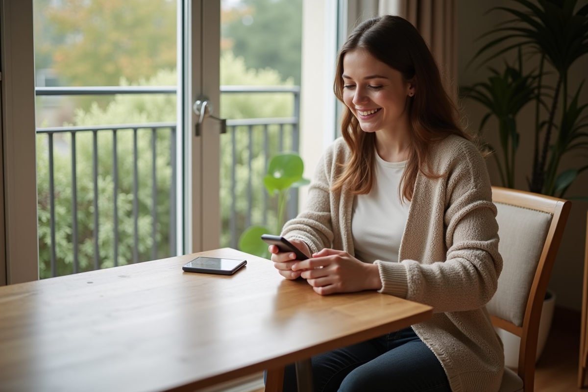 Jeune femme souriante contrôlant volets électriques avec télécommande