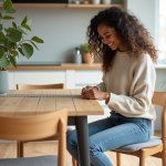 Jeune femme assise mesurant la hauteur d'une chaise de salle à manger